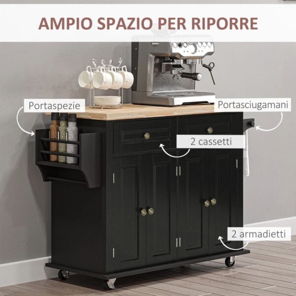 Carrello da Cucina Portavivande con Cassetti, Armadietti e Portaspezie, in Legno e MDF, 111x44.5x82.5 cm, Nero