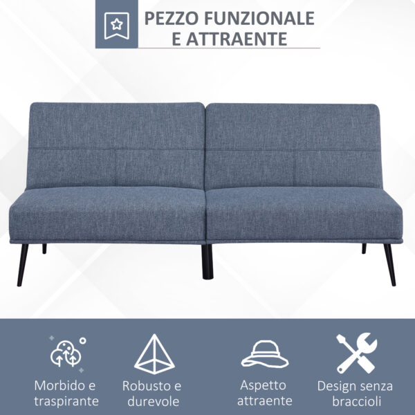 Divano Letto Singolo con Schienale Regolabile e Rivestimento in Tessuto Effetto Lino, Azzurro e Nero