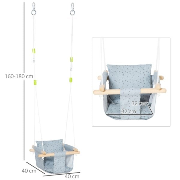 Seggiolino Altalena per Bambini in Tessuto e Legno con Cuscino, 40x40x180cm, Grigio