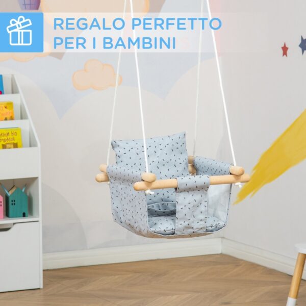 Seggiolino Altalena per Bambini in Tessuto e Legno con Cuscino, 40x40x180cm, Grigio