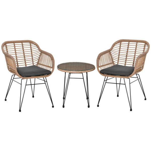 Set Mobili da Giardino in Rattan PE, 2 Sedie con Cuscini e Tavolino con Ripiano in Vetro, Grigio