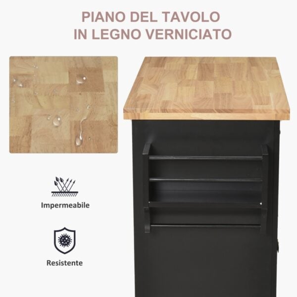 Carrello da Cucina Portavivande con Cassetti, Armadietti e Portaspezie, in Legno e MDF, 111x44.5x82.5 cm, Nero