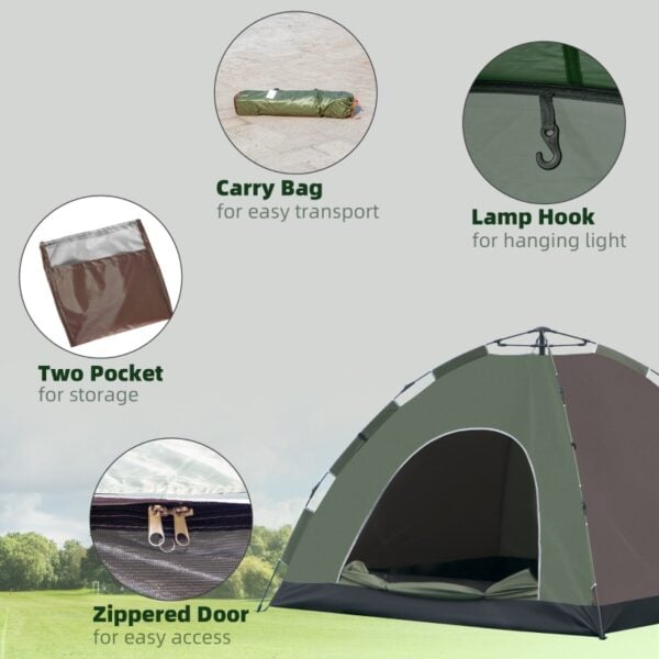 Tenda da Campeggio Pop-Up per 4 Persone, con Borsa da Trasporto, Ganci e Tasche, 210x210x135cm