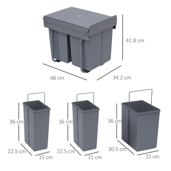 Pattumiera Estraibile con 3 Contenitori per Raccolta Differenziata, Capacità Totale 40L, 48x34.2x41.8cm Grigio