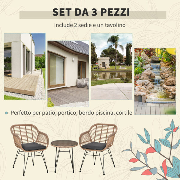 Set Mobili da Giardino in Rattan PE, 2 Sedie con Cuscini e Tavolino con Ripiano in Vetro, Grigio