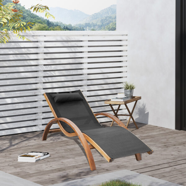 Lettino Prendisole Chaise Longue con Poggiatesta in Legno e Tessuto a Rete, 165x72x86cm - Nero/Legno