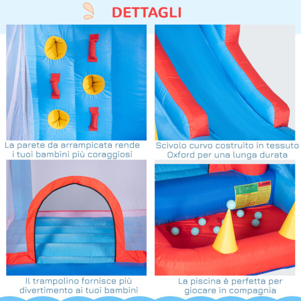 Castello Gonfiabile per Bambini con Scivolo, Trampolino, Piscina e Parete da Arrampicata