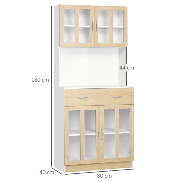 Credenza Cucina in Legno con 2 Cassetti, Armadietti con Ante in Vetro, 80x40x180cm