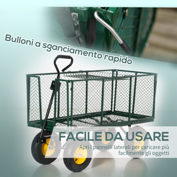 Carrello da Giardino in Acciaio con Pareti Laterali Ribaltabili e 4 Ruote, Capienza 342L, Verde