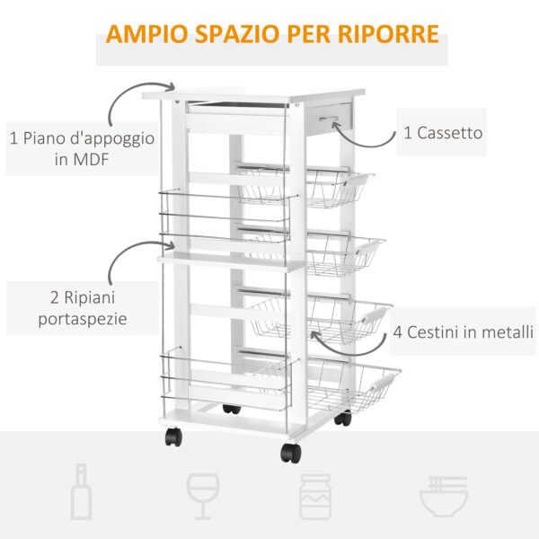 Carrello da Cucina in Legno Bianco con 1 Cassetto e 4 Cestelli Metallici