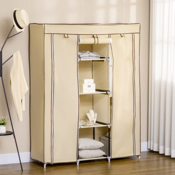 Armadio in Tessuto con 8 Ripiani e 2 Barre, Guardaroba Portatile con Porta Avvolgibile, 125x43x162.5cm, Beige