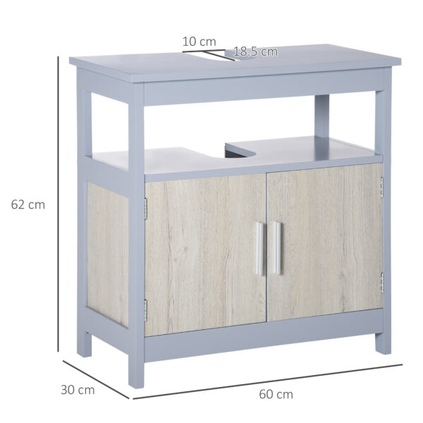 Mobile Sottolavabo Bagno con Armadietto e Ripiano Aperto, 60x30x62cm, Grigio e Legno Naturale