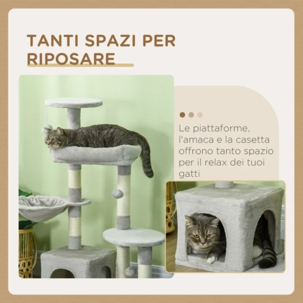 Tiragraffi per Gatti in Truciolato con Palo in Sisal, Casetta e Posatoi, 65x30x104 cm, Grigio Chiaro