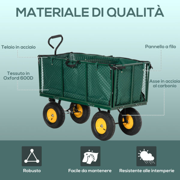 Carrello da Giardino in Acciaio con Pareti Laterali Ribaltabili e 4 Ruote, Capienza 342L, Verde