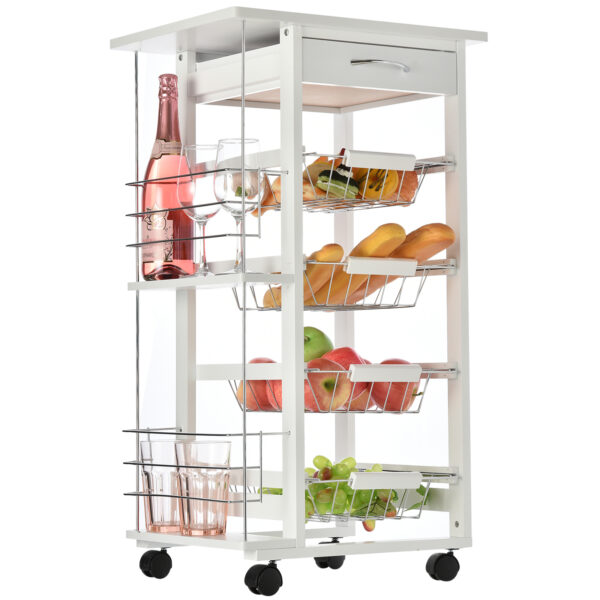 Carrello da Cucina in Legno Bianco con 1 Cassetto e 4 Cestelli Metallici