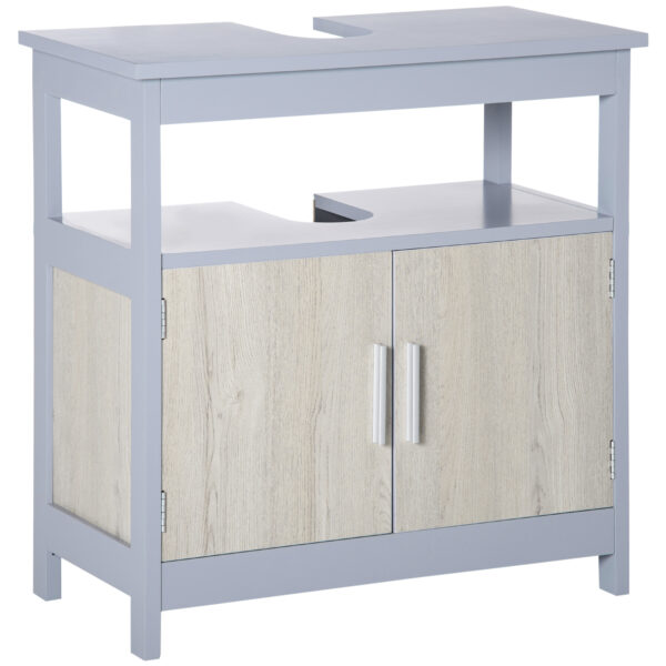 Mobile Sottolavabo Bagno con Armadietto e Ripiano Aperto, 60x30x62cm, Grigio e Legno Naturale