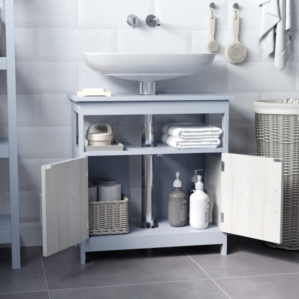 Mobile Sottolavabo Bagno con Armadietto e Ripiano Aperto, 60x30x62cm, Grigio e Legno Naturale