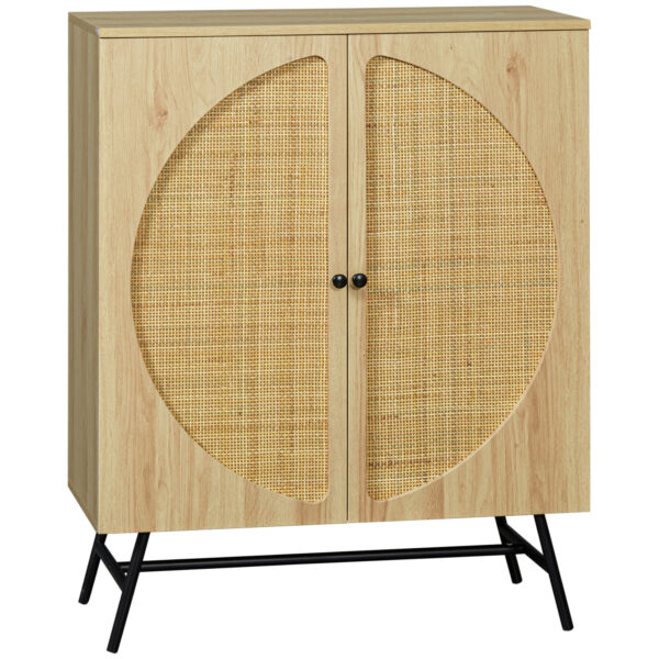 Credenza in Stile Boho con 2 Ante in Legno e Rattan, 80x39x101.8cm Naturale