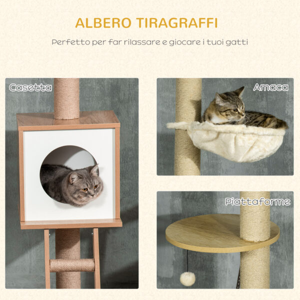 Albero per Gatti in Truciolato ad Altezza Regolabile con Tiragraffi, Casetta, Amaca e Pallina, 40x40x225-285 cm