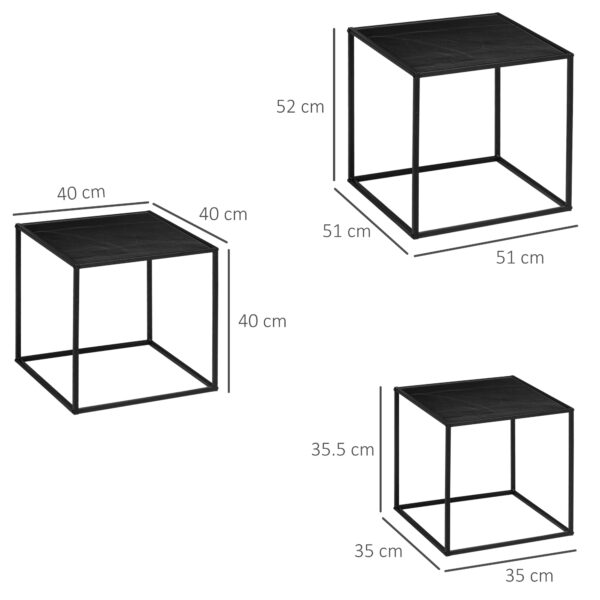 Set da 3 Tavolini da Caffè Impilabili con Superficie effetto marmo in Vetro Temperato, Struttura in Acciaio Nero