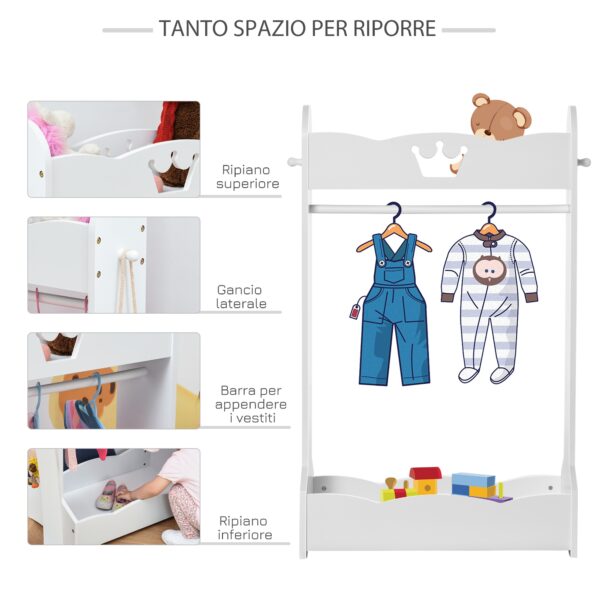 Appendiabiti in legno per Bambini con Ripiani e Ganci Laterali, 63x37x103cm, Bianco