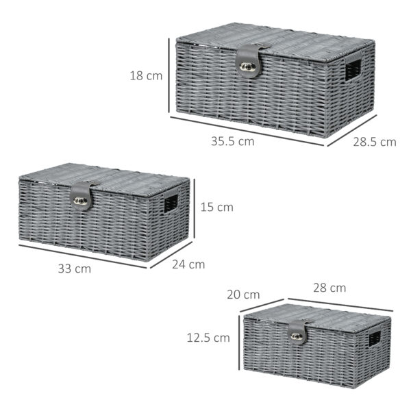 Set di 3 Cesti in Vimini PP con Coperchio di Diverse Dimensioni, Grigio