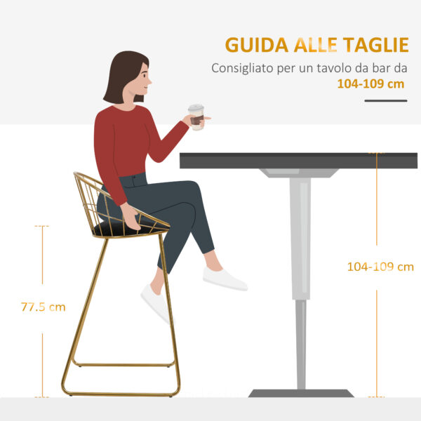 Set 2 Sgabelli Alti da Bar con Poggiapiedi, Cuscino in Velluto e Struttura in Metallo Dorato, Nero e Oro
