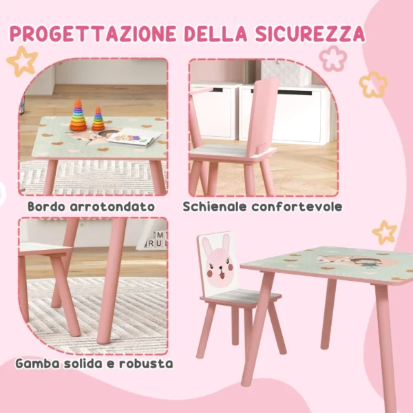 Set Tavolo e Sedie 3 Pezzi per Bambini 3-8 Anni in MDF e Legno di Pino con Disegni di Animali, Rosa