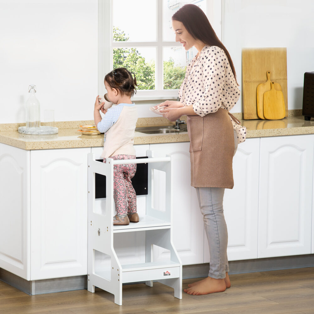 Scala Montessori 2 in 1 in MDF Staccabile, con Sgabello, Lavagna Inclusi, per  Bambini 3-6 Anni, Bianco 