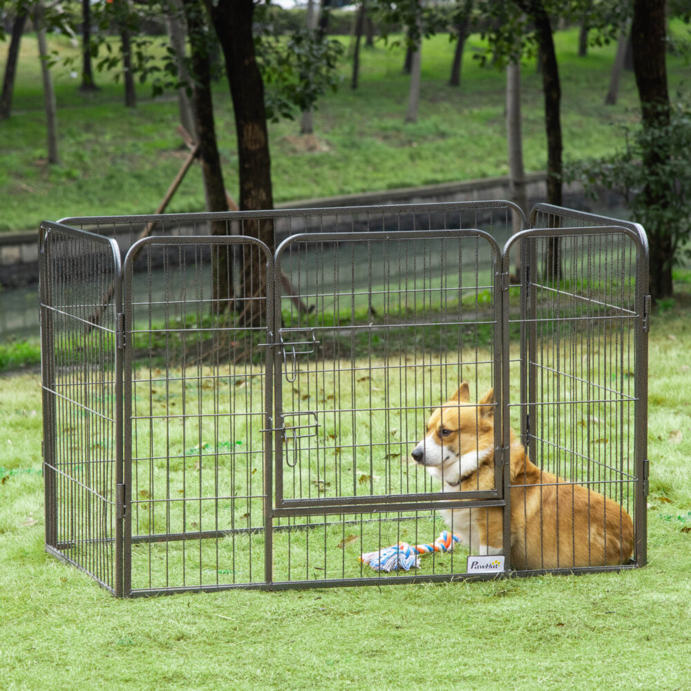 Box Recinzione per Cani in Metallo per Animali con 4 Pannelli, Porta con  Doppio Blocco e Vassoio sul Fondo, 125x78x80cm, Grigio 