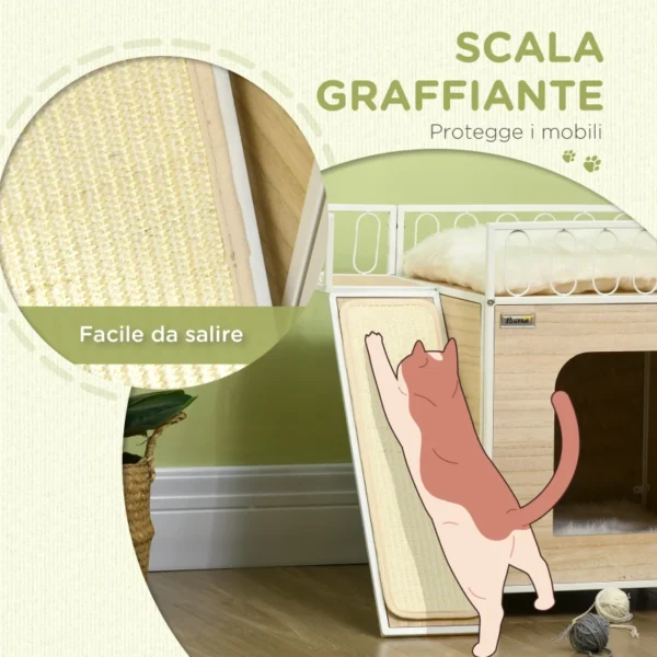 Casetta per Gatti in MDF e Acciaio con Scaletta Tiragraffi e Superficie Recintata, 56x40x54 cm