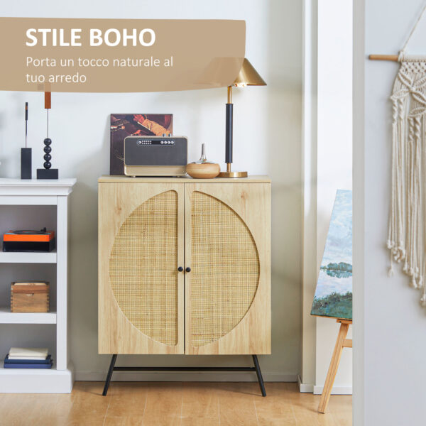 Credenza in Stile Boho con 2 Ante in Legno e Rattan, 80x39x101.8cm Naturale