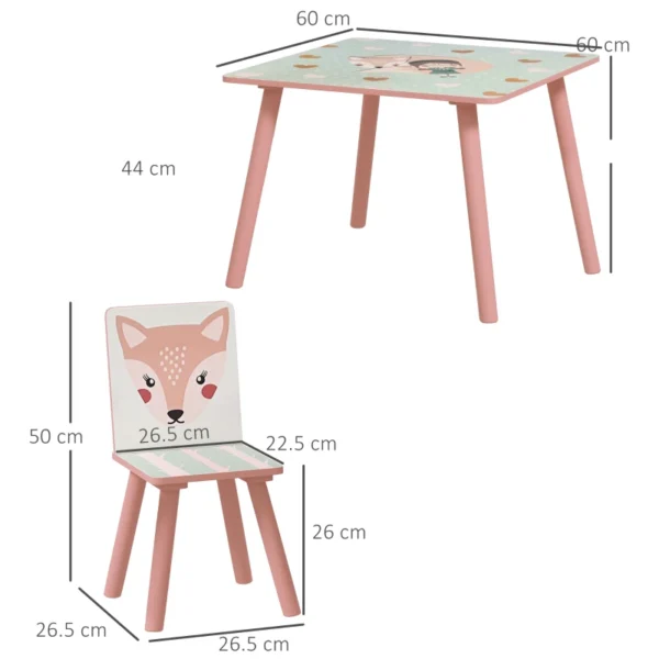 Set Tavolo e Sedie 3 Pezzi per Bambini 3-8 Anni in MDF e Legno di Pino con Disegni di Animali, Rosa