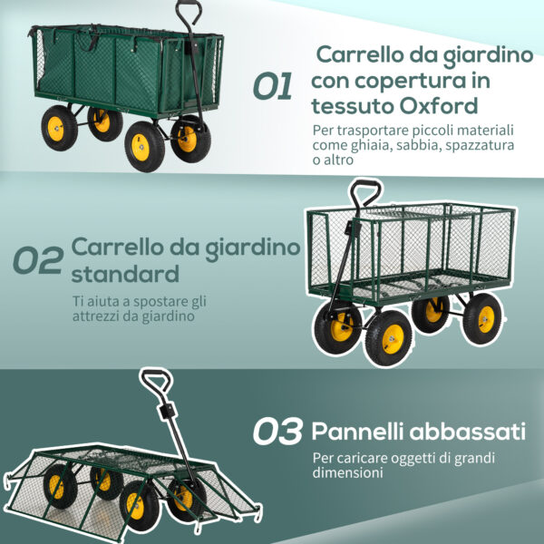 Carrello da Giardino in Acciaio con Pareti Laterali Ribaltabili e 4 Ruote, Capienza 342L, Verde