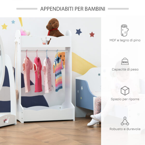 Appendiabiti in legno per Bambini con Ripiani e Ganci Laterali, 63x37x103cm, Bianco