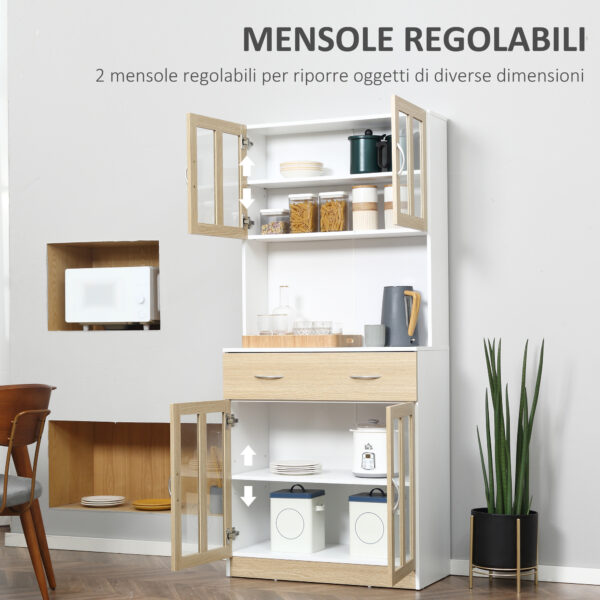 Credenza Cucina in Legno con 2 Cassetti, Armadietti con Ante in Vetro, 80x40x180cm