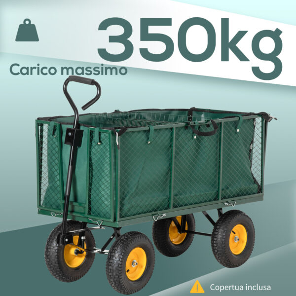 Carrello da Giardino in Acciaio con Pareti Laterali Ribaltabili e 4 Ruote, Capienza 342L, Verde