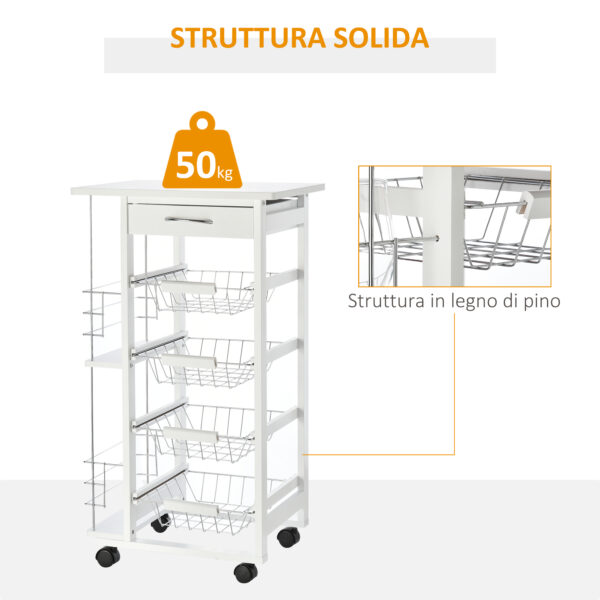 Carrello da Cucina in Legno Bianco con 1 Cassetto e 4 Cestelli Metallici