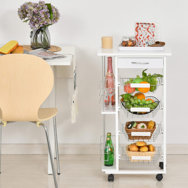 Carrello da Cucina in Legno Bianco con 1 Cassetto e 4 Cestelli Metallici