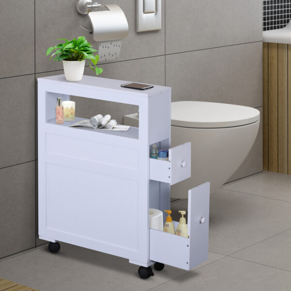 Mobiletto Salvaspazio da Bagno in Legno con Ripiano e 2 Cassetti, Bianco 16x52x66cm