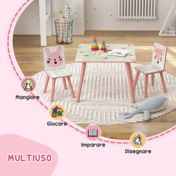 Set Tavolo e Sedie 3 Pezzi per Bambini 3-8 Anni in MDF e Legno di Pino con Disegni di Animali, Rosa