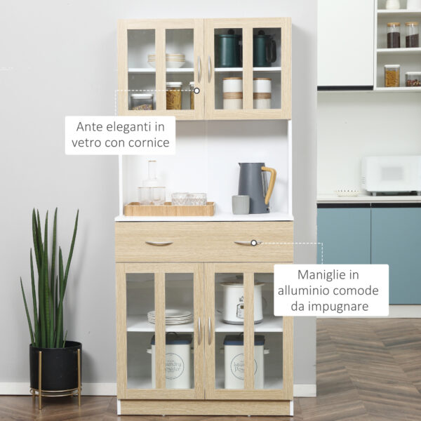 Credenza Cucina in Legno con 2 Cassetti, Armadietti con Ante in Vetro, 80x40x180cm