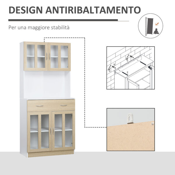 Credenza Cucina in Legno con 2 Cassetti, Armadietti con Ante in Vetro, 80x40x180cm