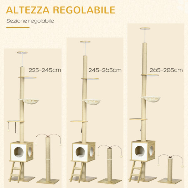 Albero per Gatti in Truciolato ad Altezza Regolabile con Tiragraffi, Casetta, Amaca e Pallina, 40x40x225-285 cm