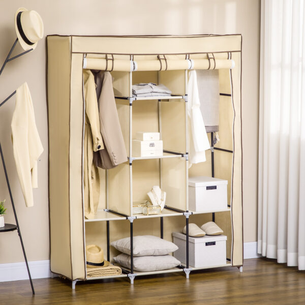 Armadio in Tessuto con 8 Ripiani e 2 Barre, Guardaroba Portatile con Porta Avvolgibile, 125x43x162.5cm, Beige