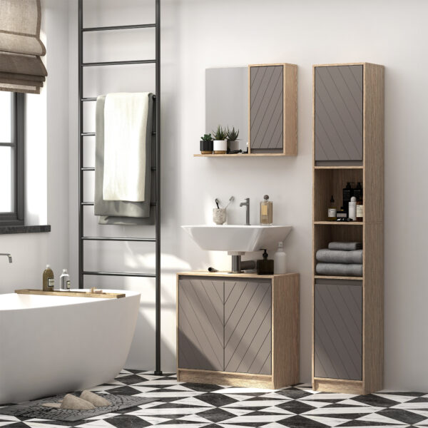 Armadietto Pensile per Bagno con Anta a Specchio Grigio e Rovere