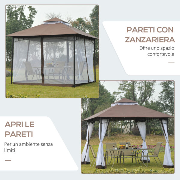 Gazebo da Giardino 3x3m con Zanzariera, Tetto a 2 Livelli in Poliestere Struttura in Metallo Marrone