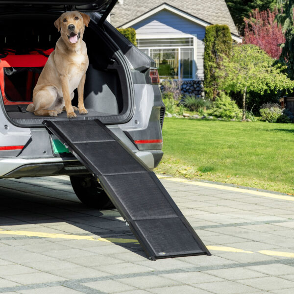 Rampa per Cani Pieghevole con Superficie Antiscivolo in MDF e Alluminio, 158x43.5x2.5 cm, Nero