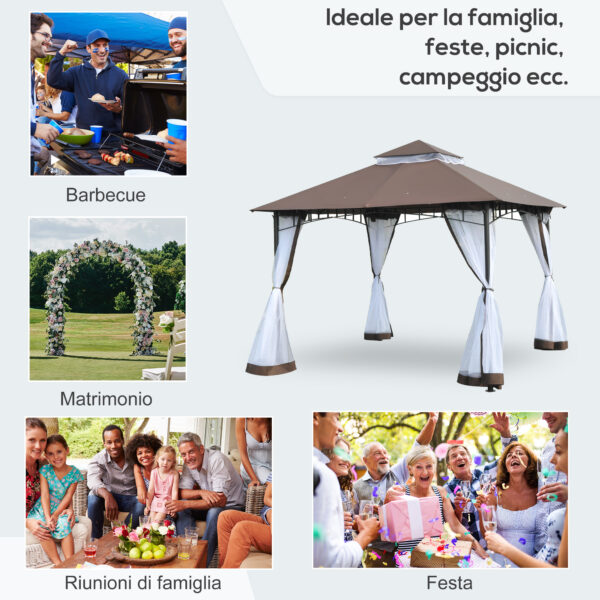 Gazebo da Giardino 3x3m con Zanzariera, Tetto a 2 Livelli in Poliestere Struttura in Metallo Marrone