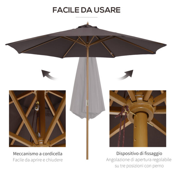 Ombrellone da Giardino con Palo in Legno e 8 Stecche, Parasole in Poliestere Anti UV, Φ300x250cm, Caffè